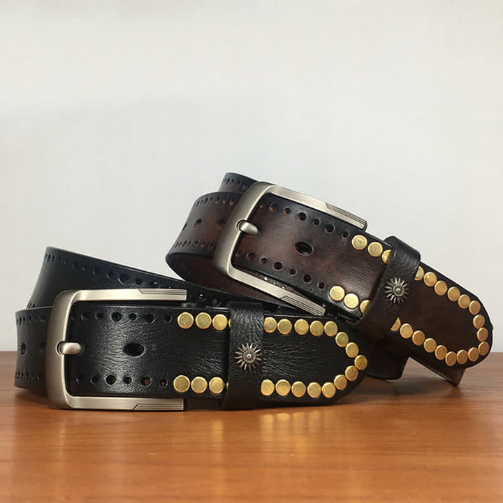 Vintage Retro Bronze Circle Rivets Studded Leather Belt