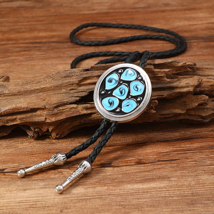 Blue Enameled Oval Flowers Triangle Bolo Tie