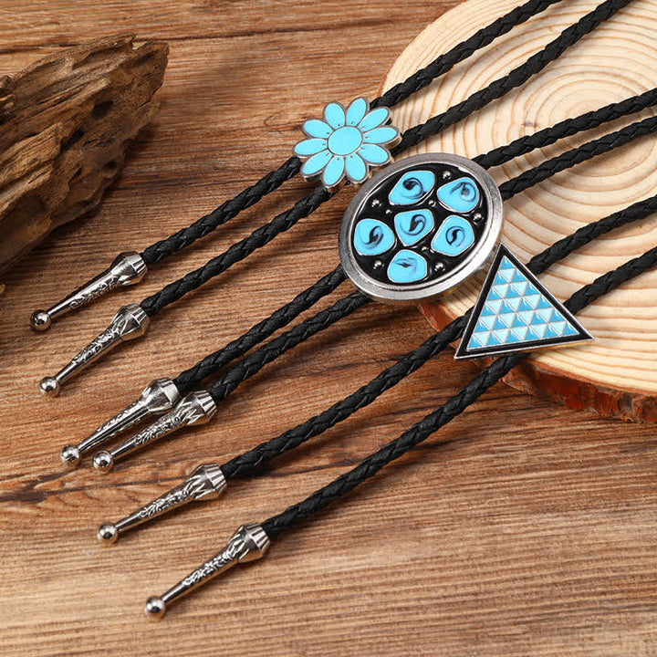 Blue Enameled Oval Flowers Triangle Bolo Tie