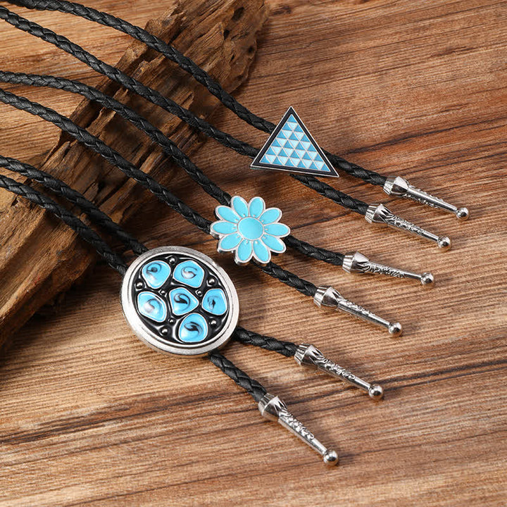 Blue Enameled Oval Flowers Triangle Bolo Tie