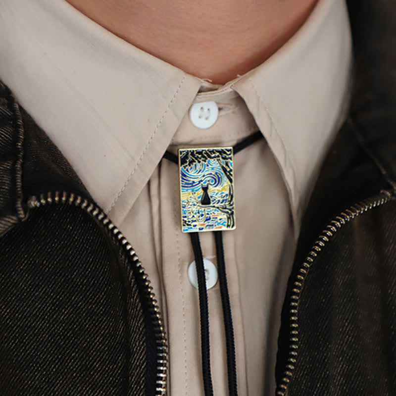 Starry Night Cat Coloful Enameled Bolo Tie