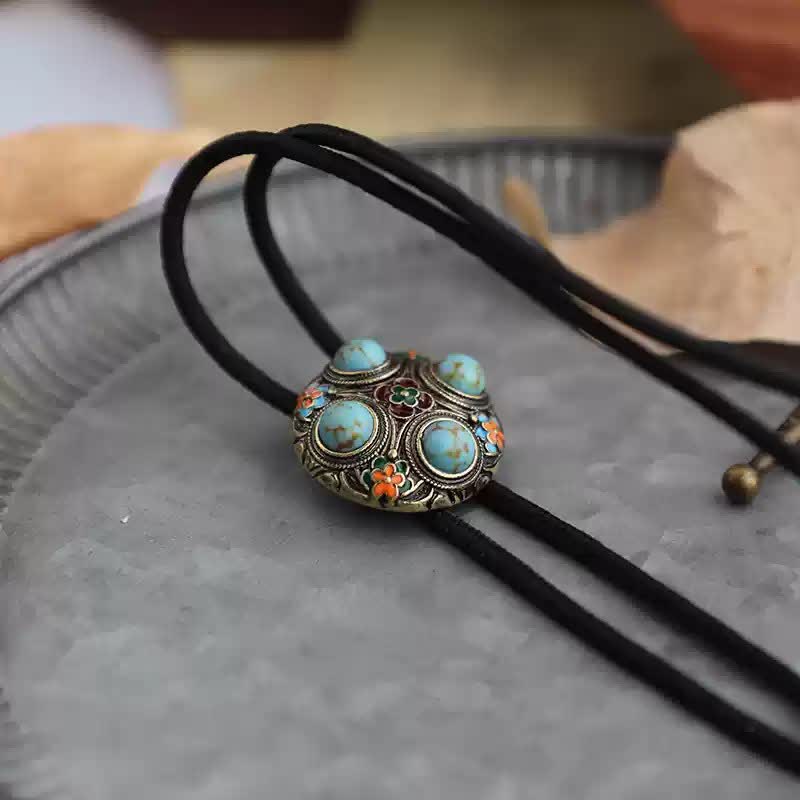 Ancient Blue Turquoise Enamel Flower Bolo Tie