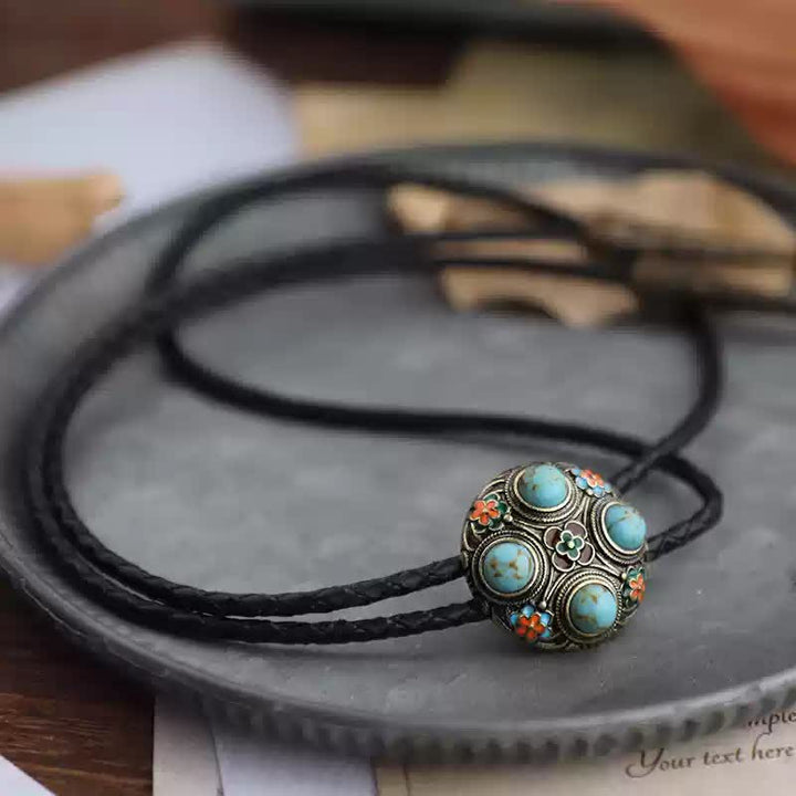 Ancient Blue Turquoise Enamel Flower Bolo Tie