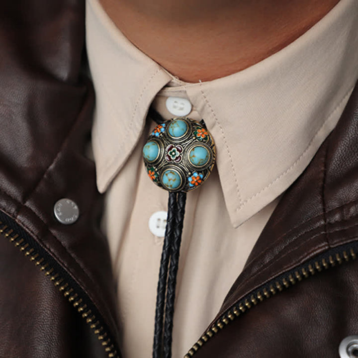 Ancient Blue Turquoise Enamel Flower Bolo Tie