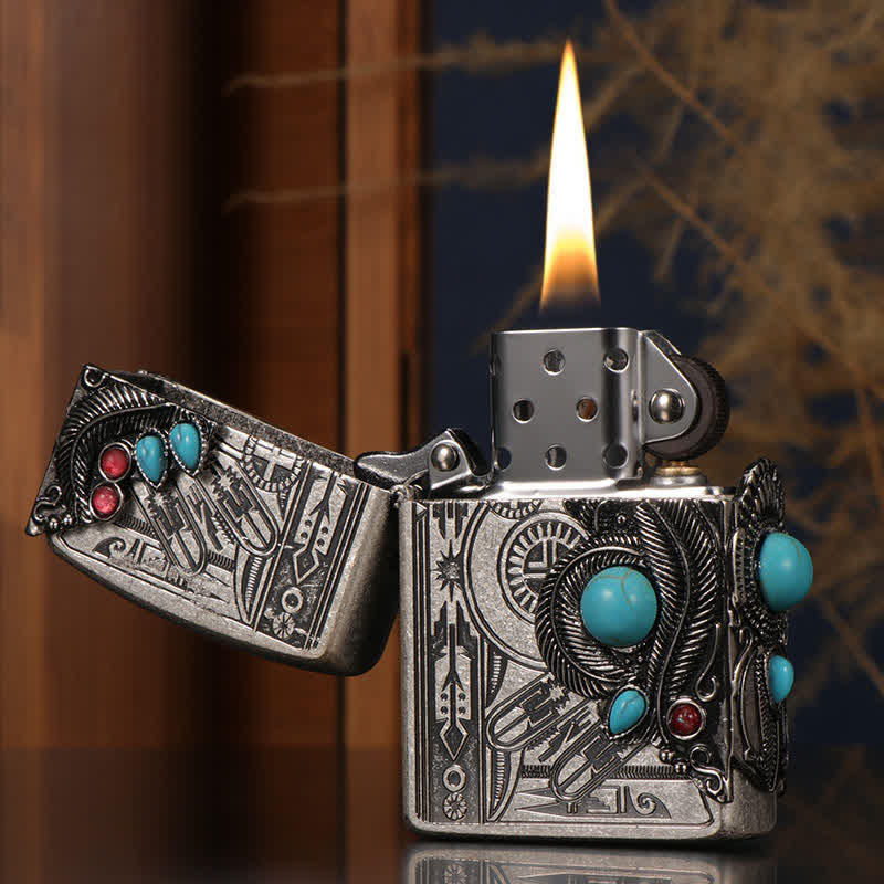 Indian Feather Blue Turquoise Refillable Kerosene Lighter