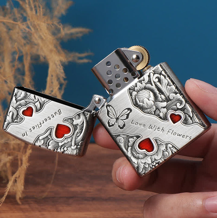 Butterfly Love with Flowers Refillable Kerosene Lighter