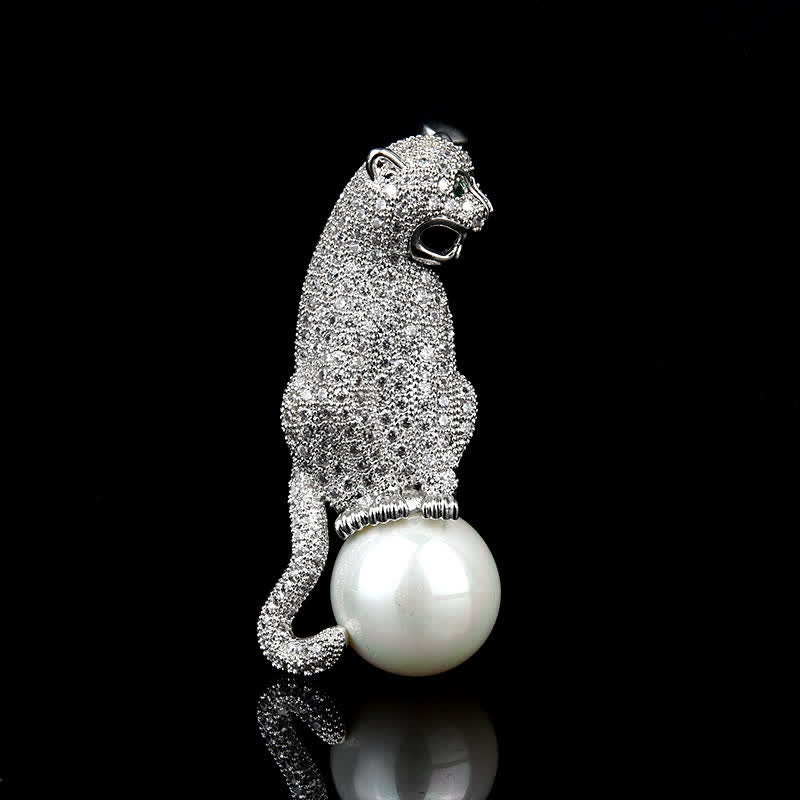 Unisex Leopard Shiny Zircon Faux Pearl Decoration Brooch