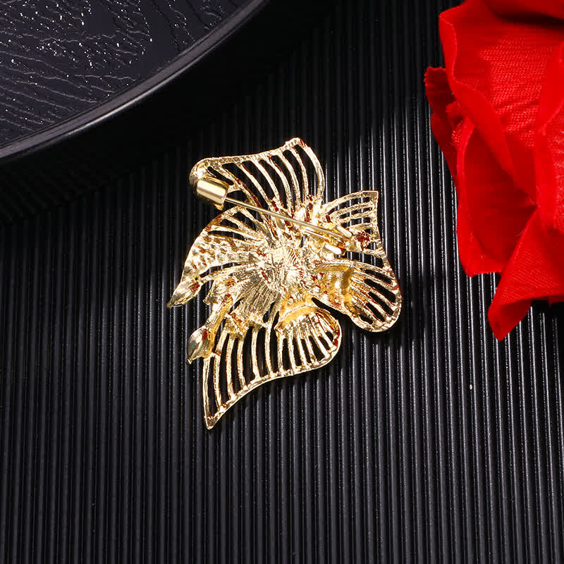 Women's Gold Hollow Leaf Pearl Rhinestone Brooch