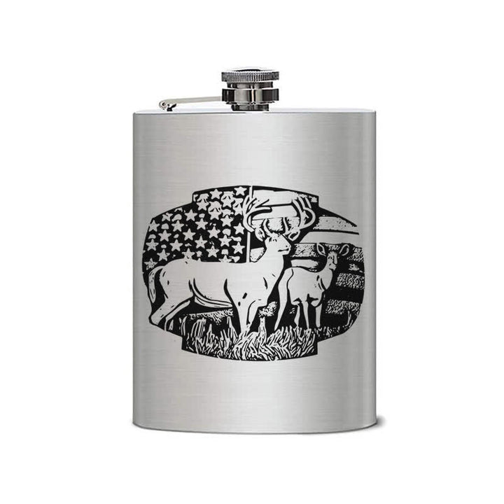 2-10 oz Deers USA Flag Laser Pattern Stainless Steel Portable Flask