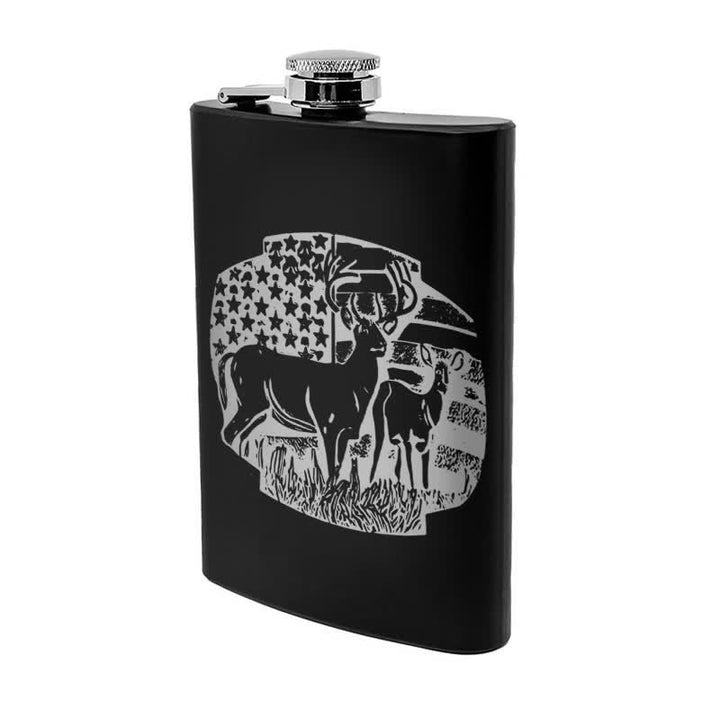 2-10 oz Deers USA Flag Laser Pattern Stainless Steel Portable Flask