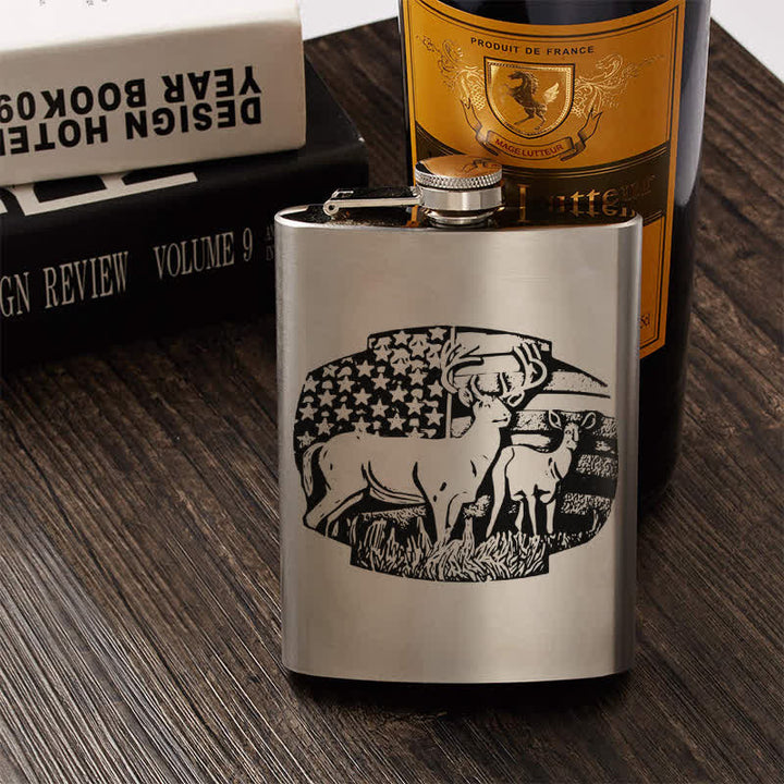 2-10 oz Deers USA Flag Laser Pattern Stainless Steel Portable Flask