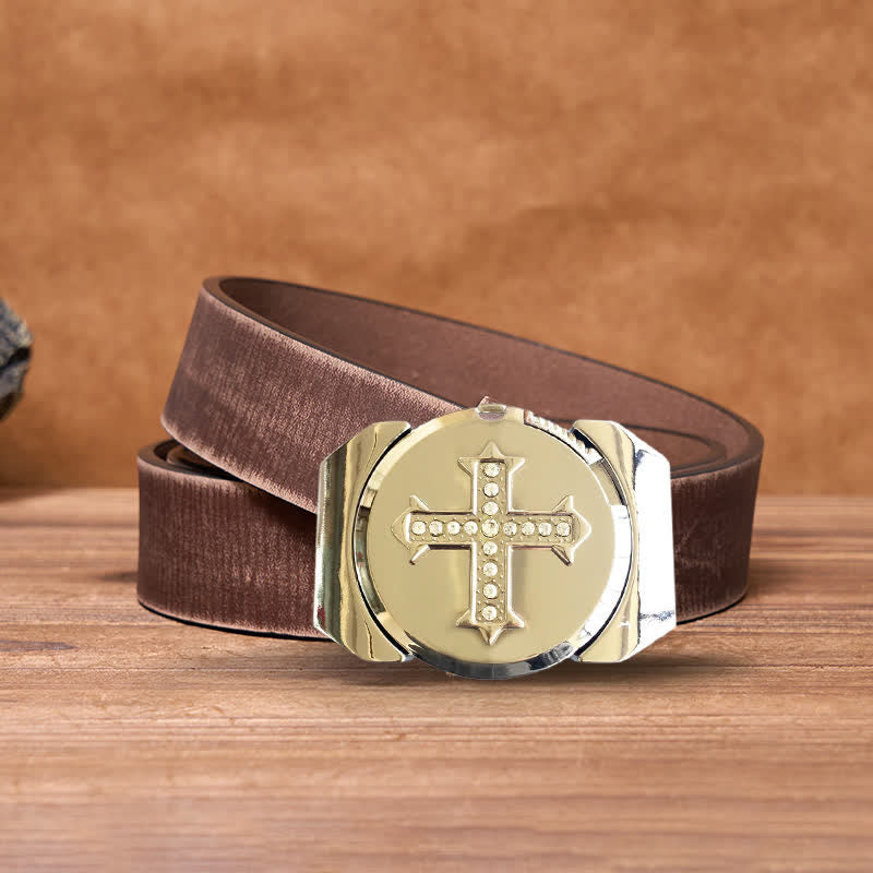 Men's DIY Cross Rhinestone Bronze Leather Belt with Hidden Lighter