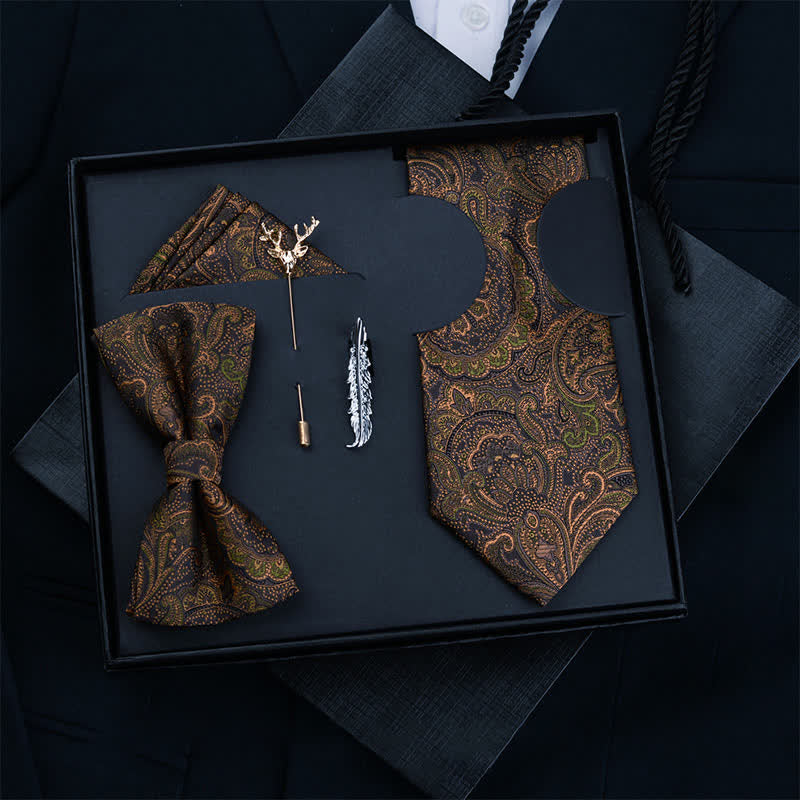 5Pcs Men's Dark Brown & Black Paisley Bow Ties Gift Box