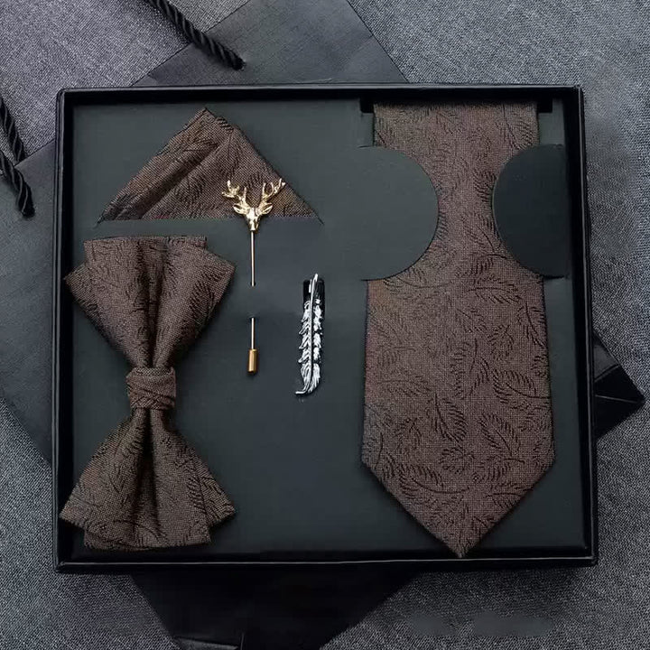 5Pcs Men's Casual Dark Brown Leaves Print Bow Ties Gift Box