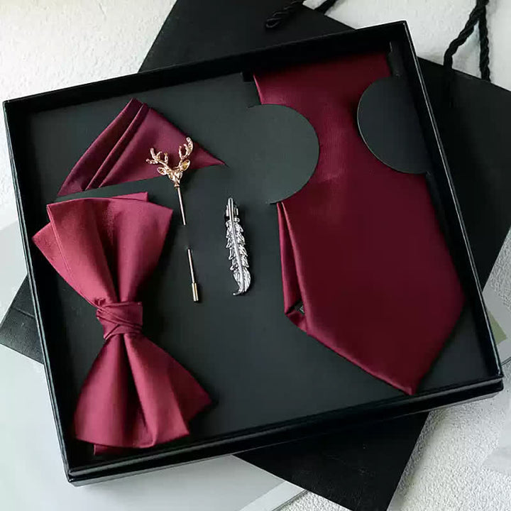 5Pcs Men's Solid Color Black Burgundy Bow Ties Gift Box