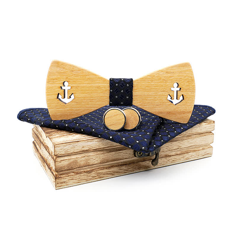 3Pcs Men's Hollow Boat Anchor Wooden Bow Tie Set