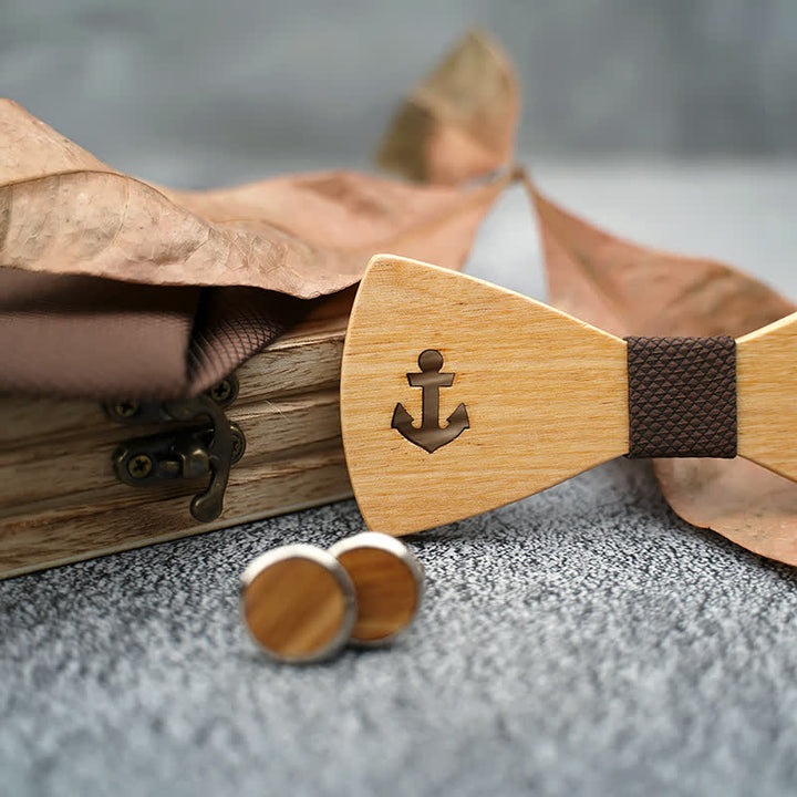 3Pcs Men's Hollow Boat Anchor Wooden Bow Tie Set