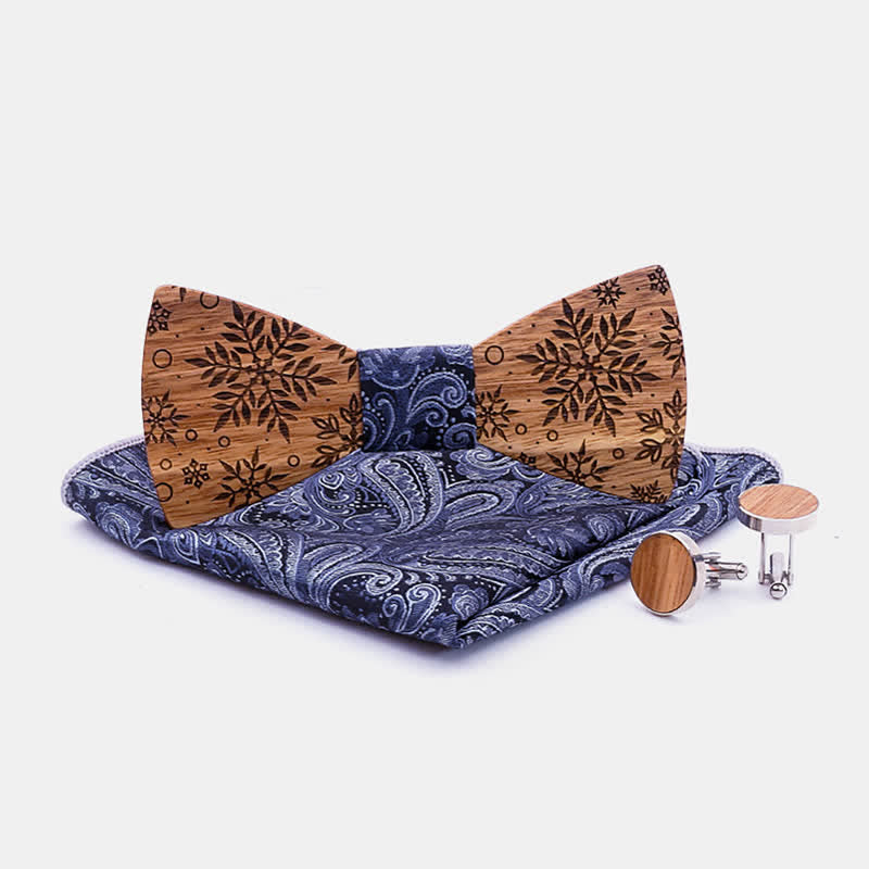 3Pcs Men's Winter Snowflakes Print Wooden Bow Tie Set