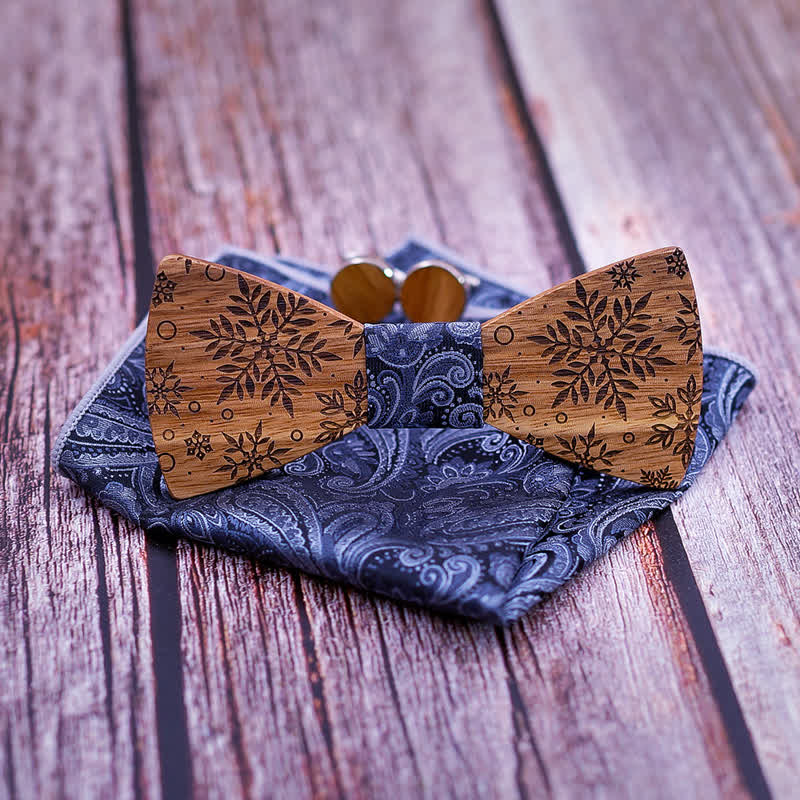 3Pcs Men's Winter Snowflakes Print Wooden Bow Tie Set