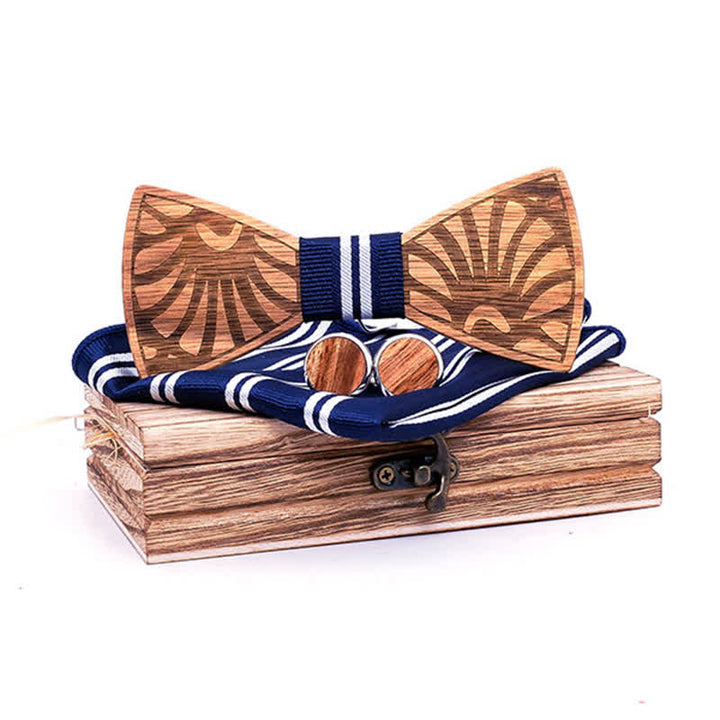 3Pcs Men's Dandelion Carved Solid Wooden Bow Tie Set