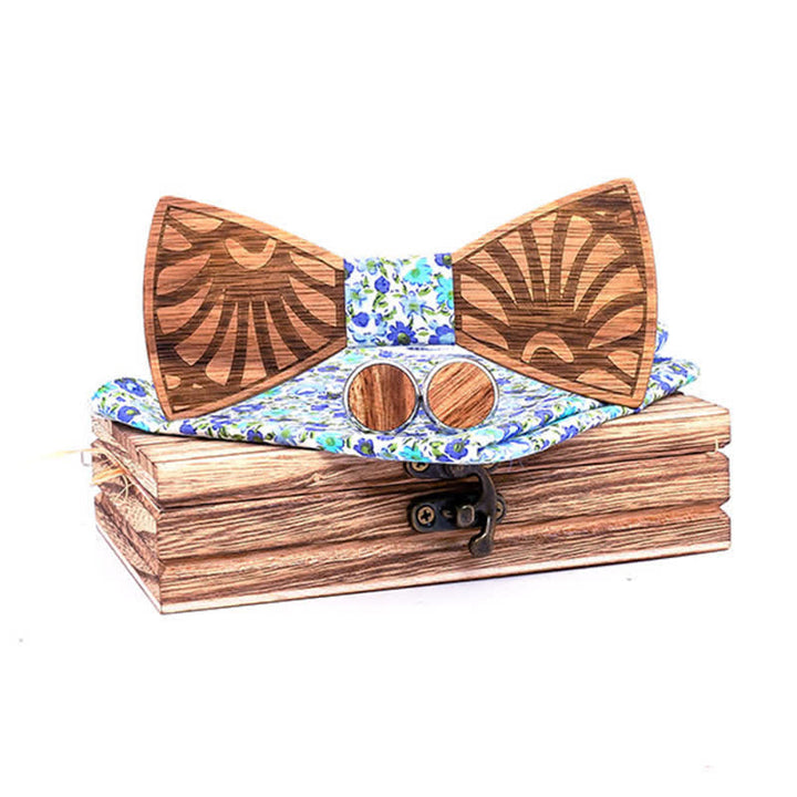 3Pcs Men's Dandelion Carved Solid Wooden Bow Tie Set