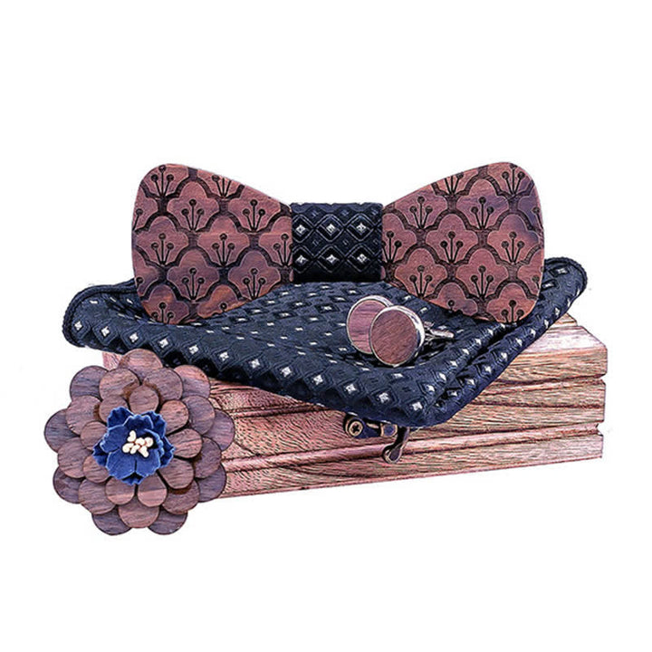 4Pcs Men's Fancy Carving Flower Solid Wooden Bow Tie Set