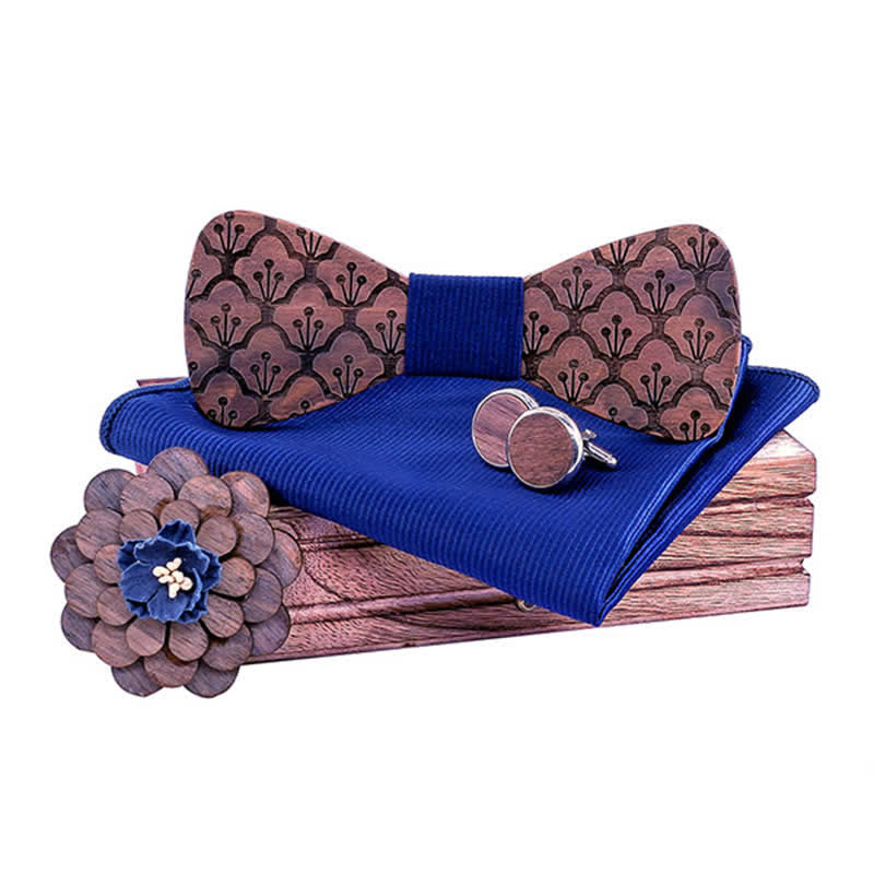 4Pcs Men's Fancy Carving Flower Solid Wooden Bow Tie Set