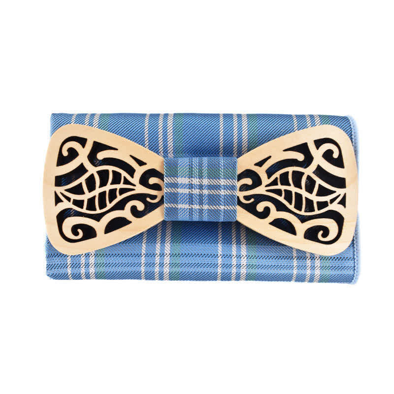 2Pcs Men's Openwork Carved Leaves Wooden Bow Tie Set