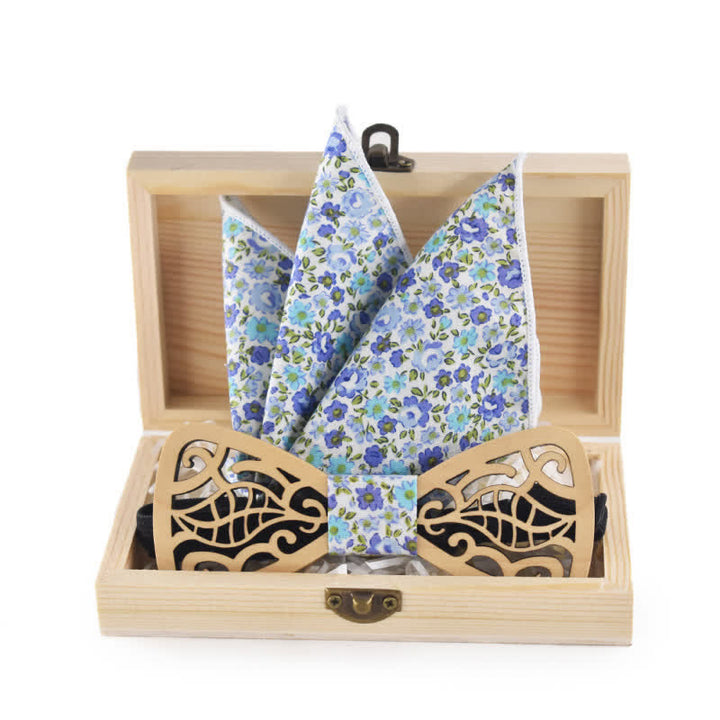 2Pcs Men's Openwork Carved Leaves Wooden Bow Tie Set