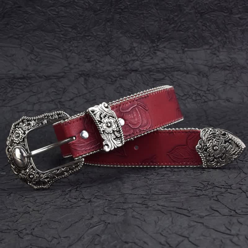 Women's Vintage-Style Dark Red Chain Beaded Leather Belt