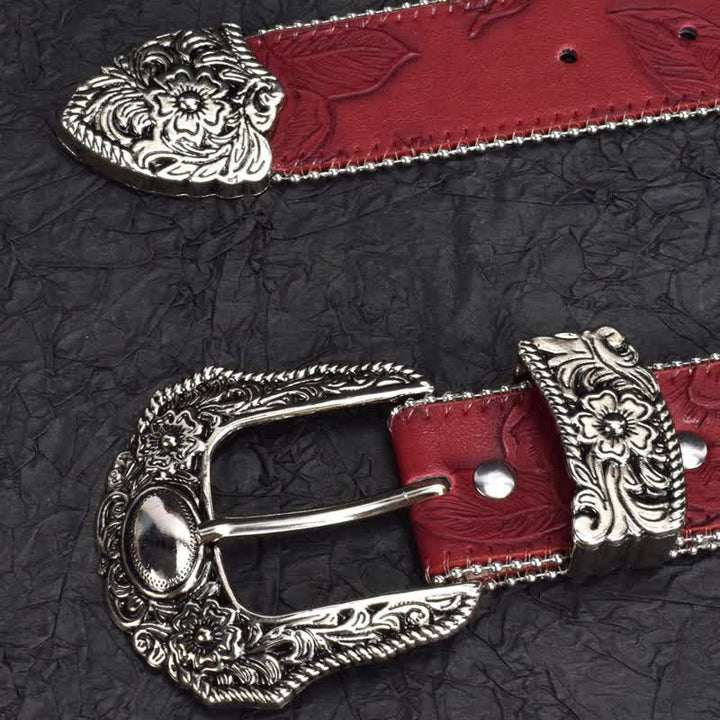 Women's Vintage-Style Dark Red Chain Beaded Leather Belt