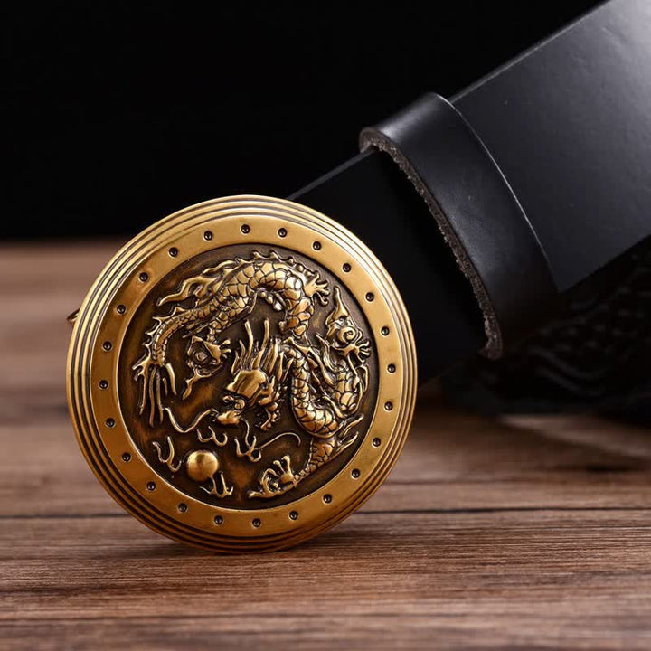 Men's Dragon Prints Round Automatic Buckle Leather Belt