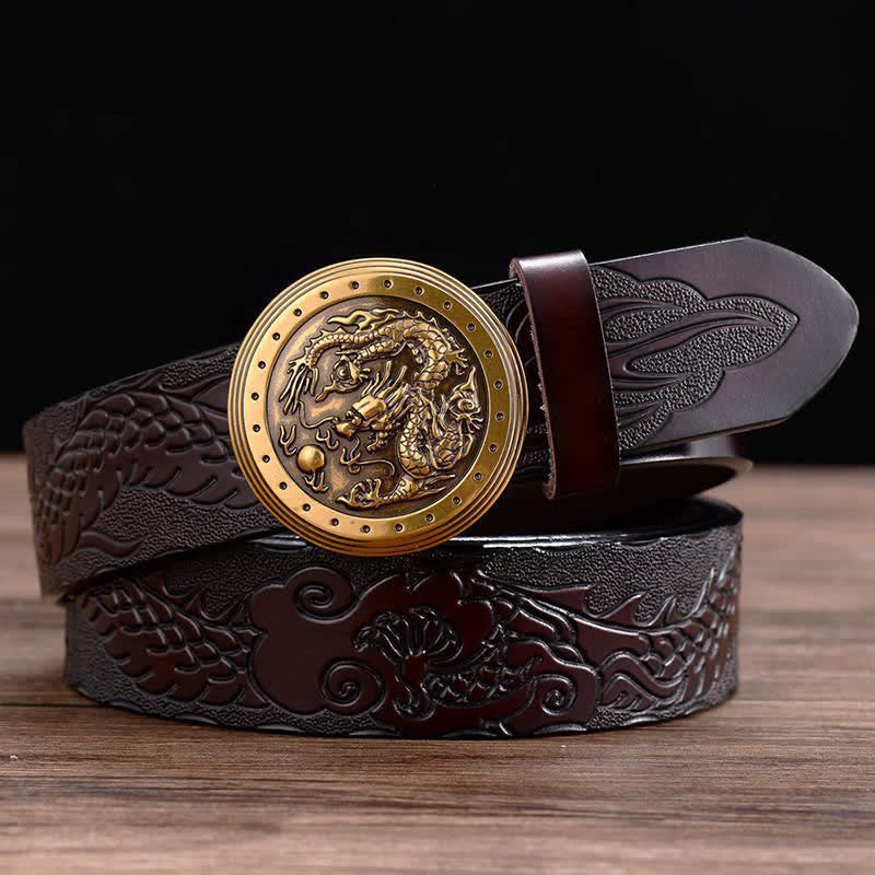 Men's Dragon Prints Round Automatic Buckle Leather Belt