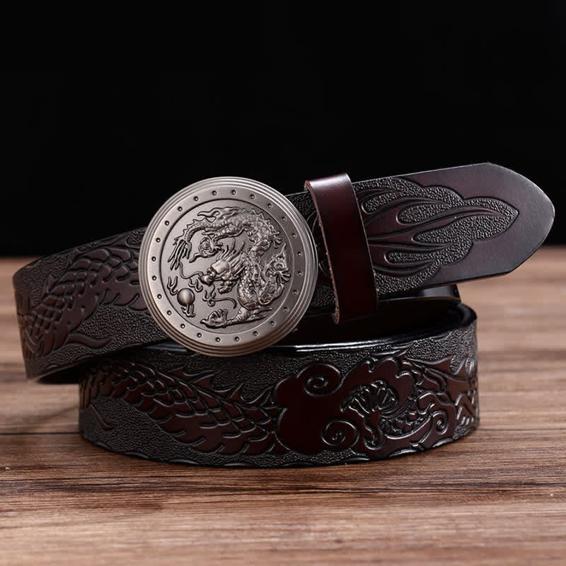 Men's Dragon Prints Round Automatic Buckle Leather Belt