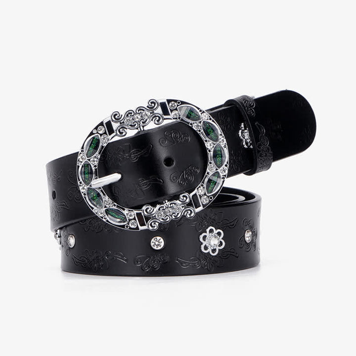 Women's Floral White & Dark Green Rhinestones Leather Belt