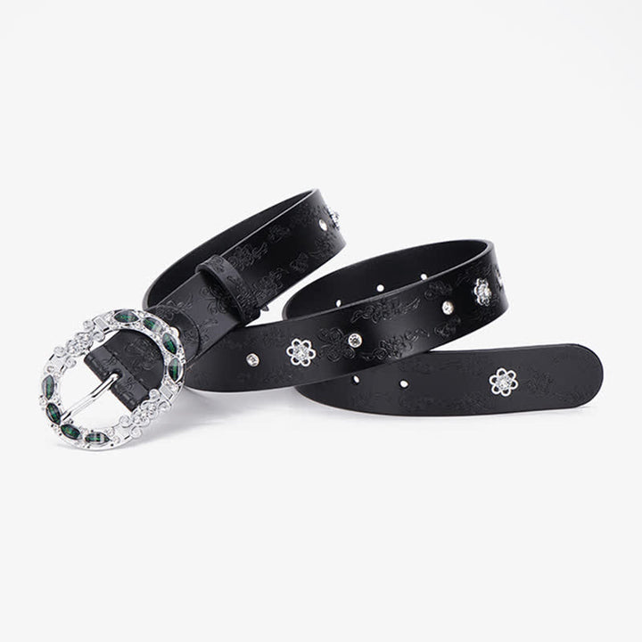 Women's Floral White & Dark Green Rhinestones Leather Belt