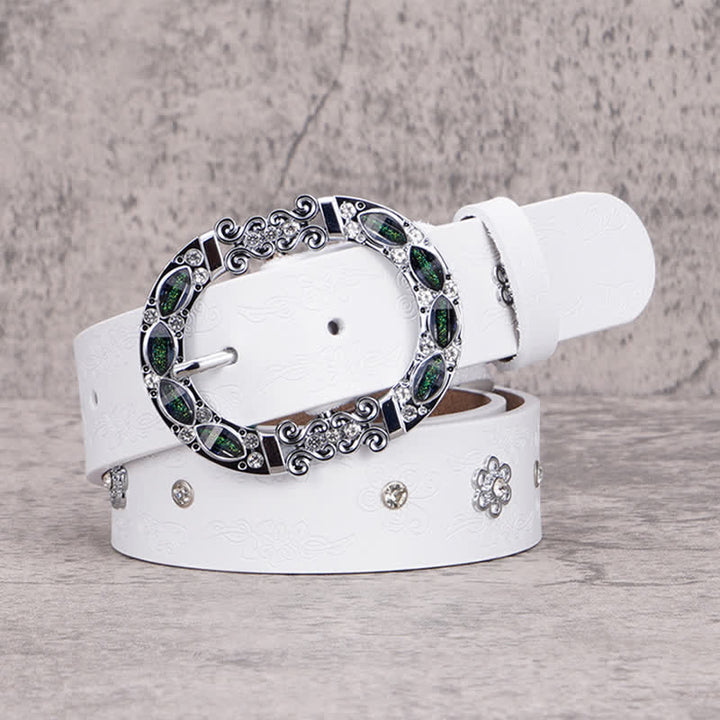 Women's Floral White & Dark Green Rhinestones Leather Belt