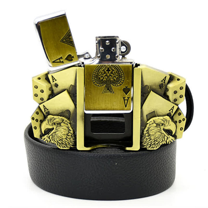 Men's Eagle Poker Ace Gold Leather Belt With Hidden Lighter