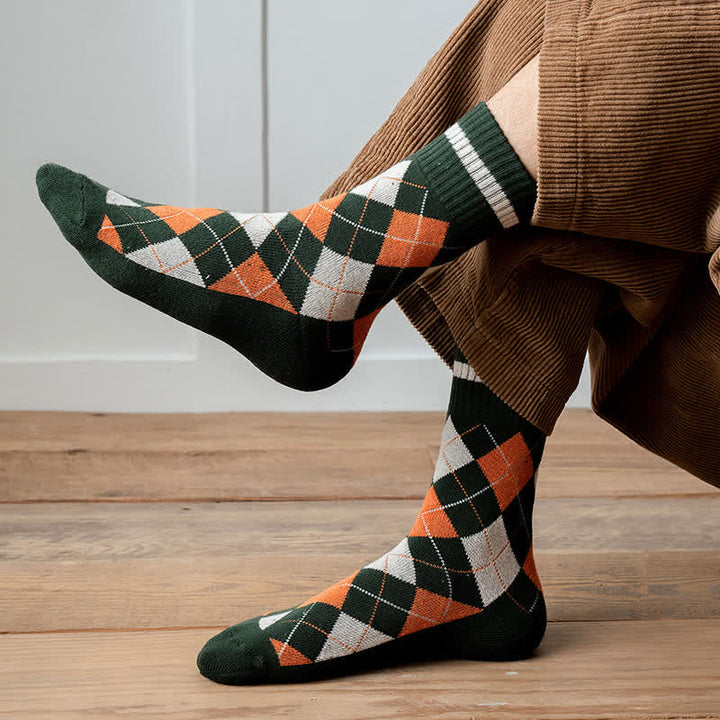 Diamond Checked British Style Cotton Crew Socks