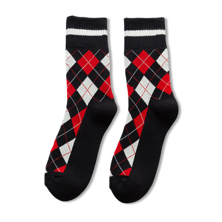 Diamond Checked British Style Cotton Crew Socks