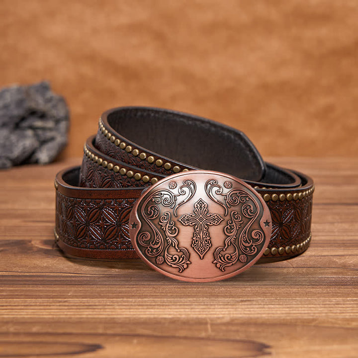 Men's DIY Cross Carving Creative Beer Holder Buckle Leather Belt