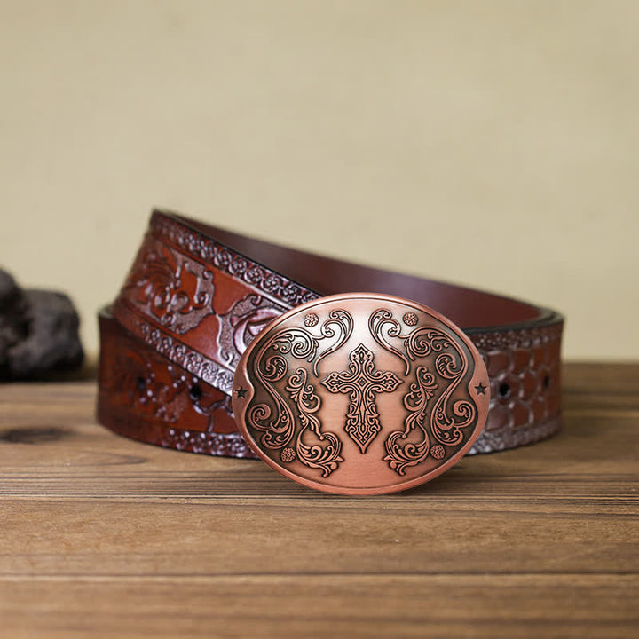 Men's DIY Cross Carving Creative Beer Holder Buckle Leather Belt