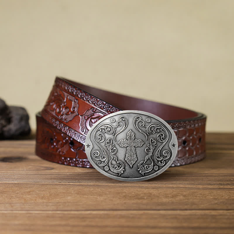 Men's DIY Cross Carving Creative Beer Holder Buckle Leather Belt