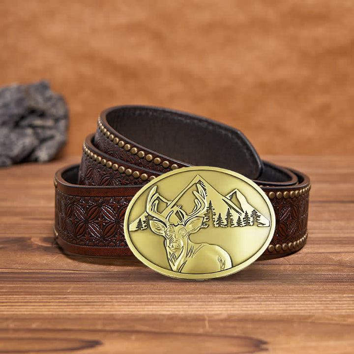 Men's DIY Carved Deer Creative Beer Holder Buckle Leather Belt