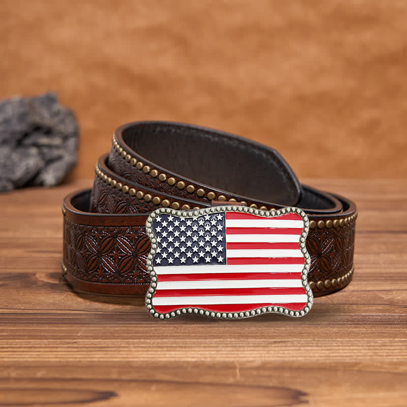 Men's DIY Creative American Flag Card Wallet Buckle Leather Belt