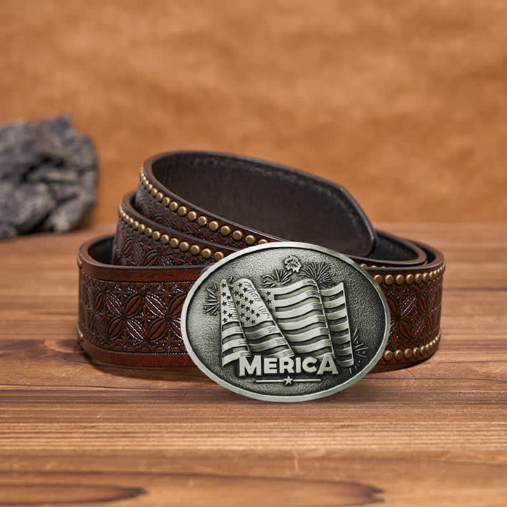 Men's DIY Native American Flag Texas Style Buckle Leather Belt