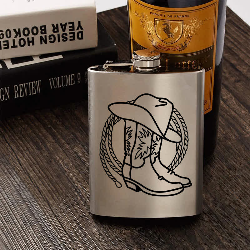 3-8 oz Boots Cowboy Hat Laser Pattern Stainless Steel Portable Flask - image 0