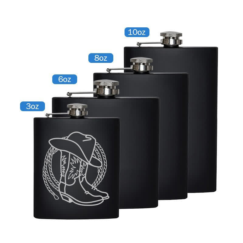 3-8 oz Boots Cowboy Hat Laser Pattern Stainless Steel Portable Flask - Black - 8oz - image 5