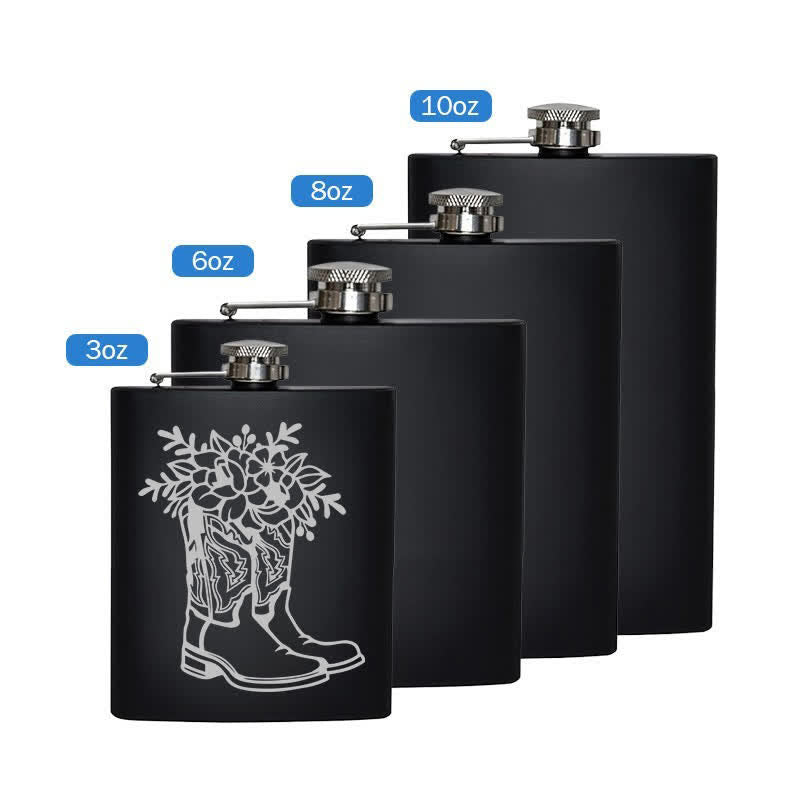 3-8 oz Boots With Flowers Laser Pattern Stainless Steel Portable Flask - Black - 8oz - image 5
