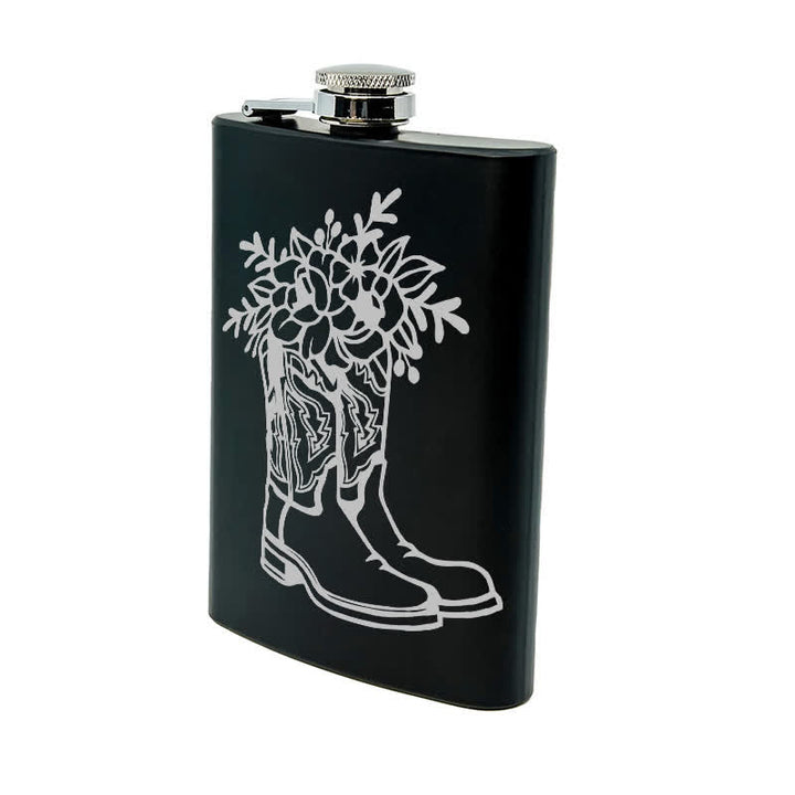 3-8 oz Boots With Flowers Laser Pattern Stainless Steel Portable Flask - image 9